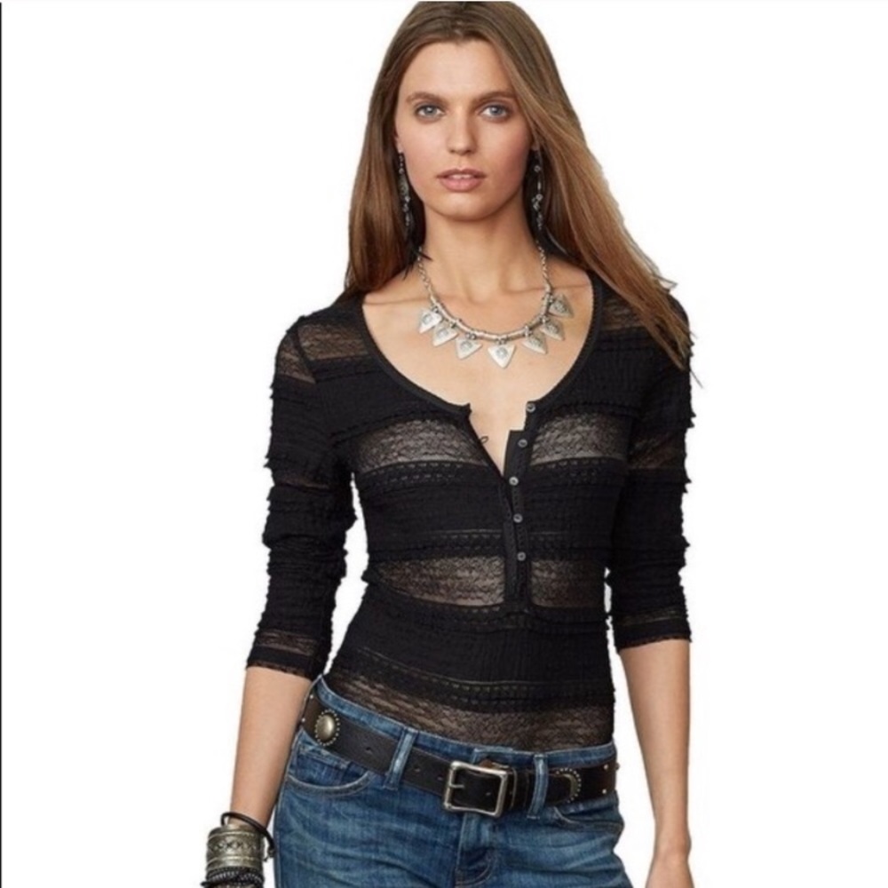 Denim & Supply Ralph Lauren Black Lace Henley Tee
